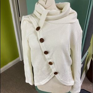 Cream Button Cowl Neck Asymmetric Hem Knit Sweater